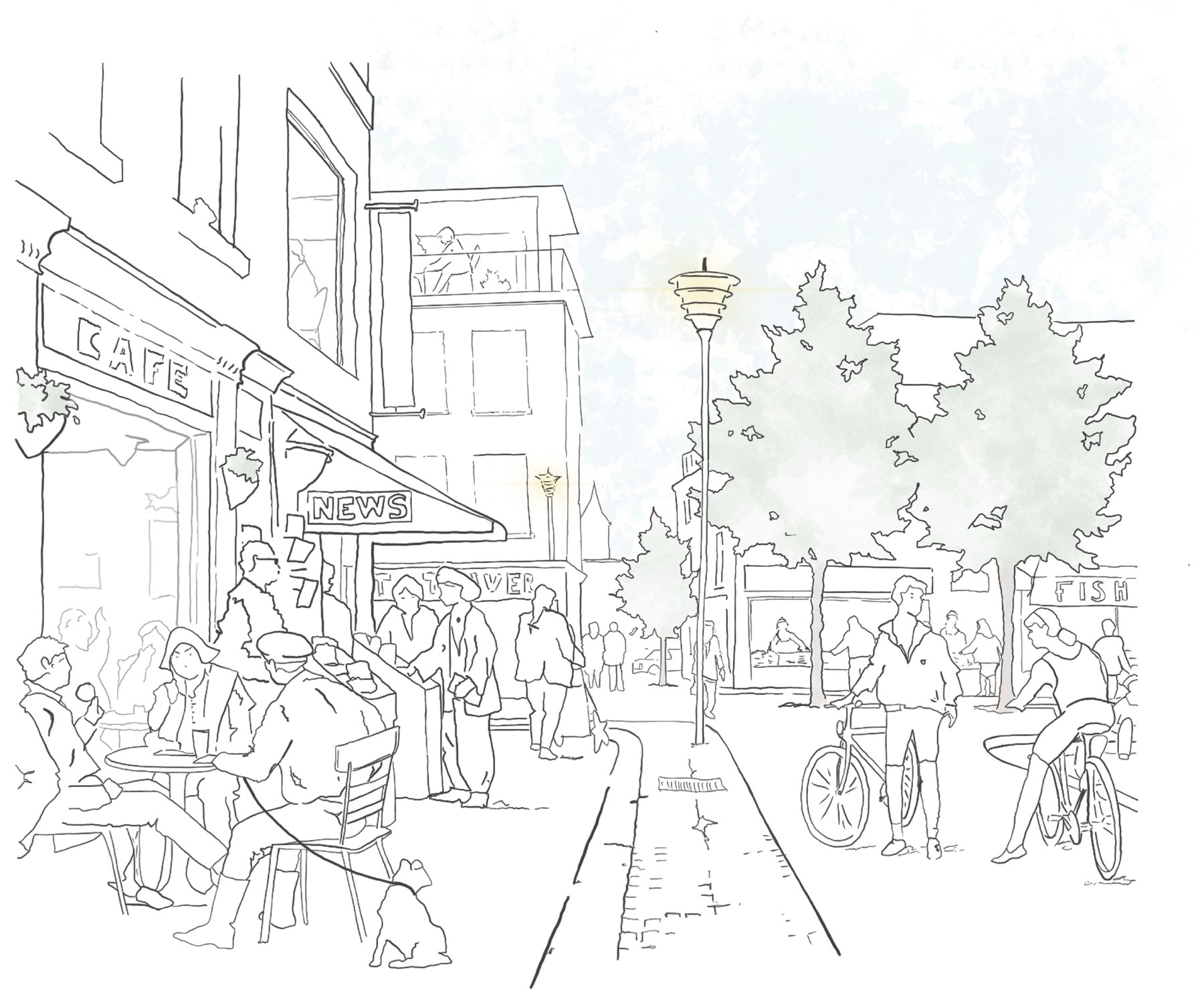 Hand-drawn illustration of a lively town centre street: people at café tables beneath a shop awning, shoppers at a newsagent, two people with bicycles, young trees and a street lamp.