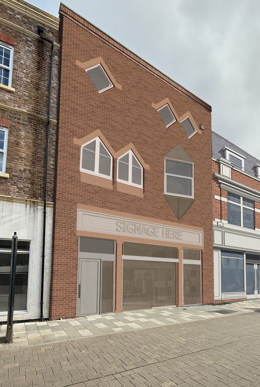 Visualisation of a proposed brick front elevation on a pedestrianised High Street, with a shopfront and signage zone at ground floor and flats above.