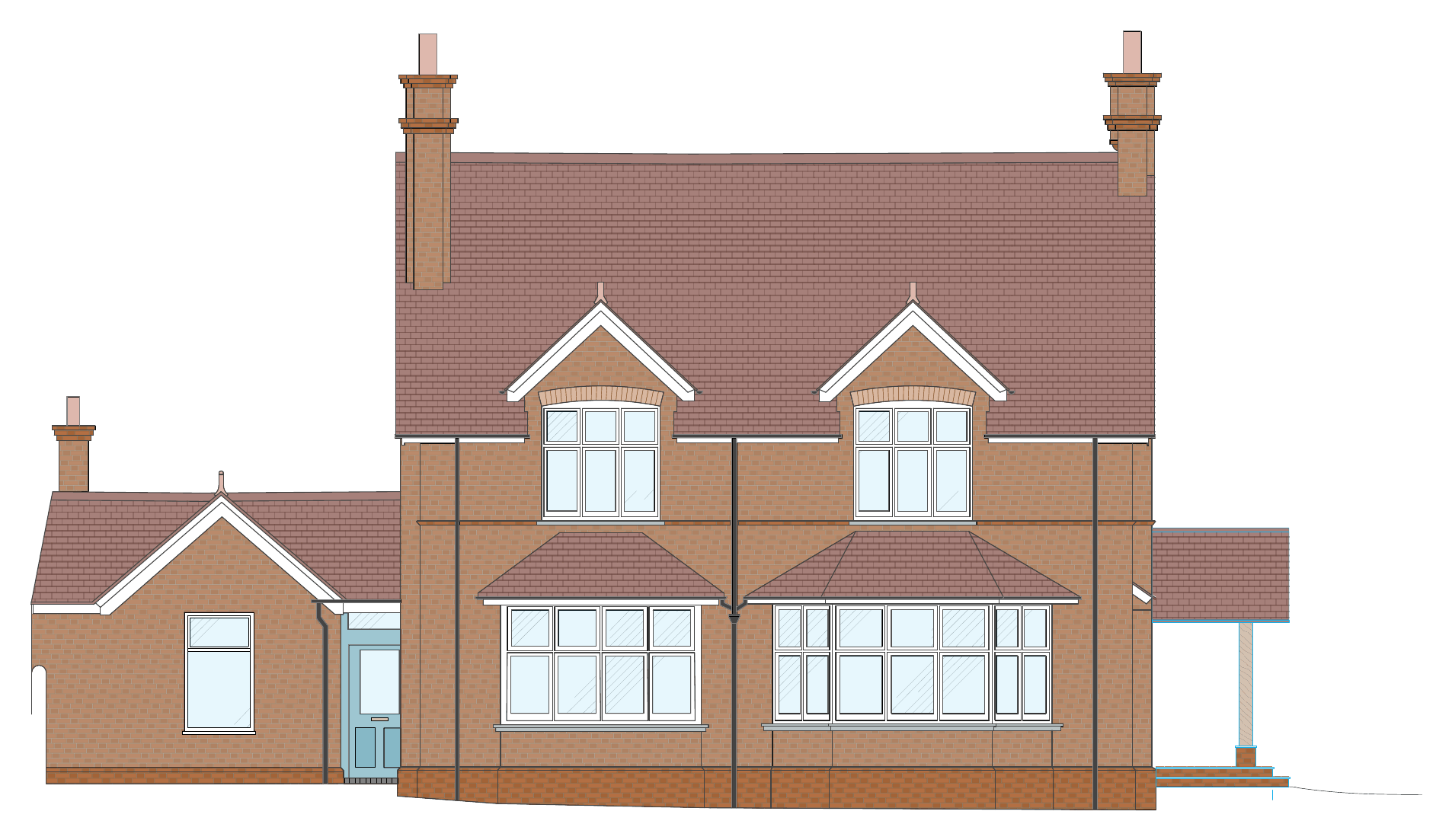 Proposed front elevation: red-brick house with two dormers and bay windows.