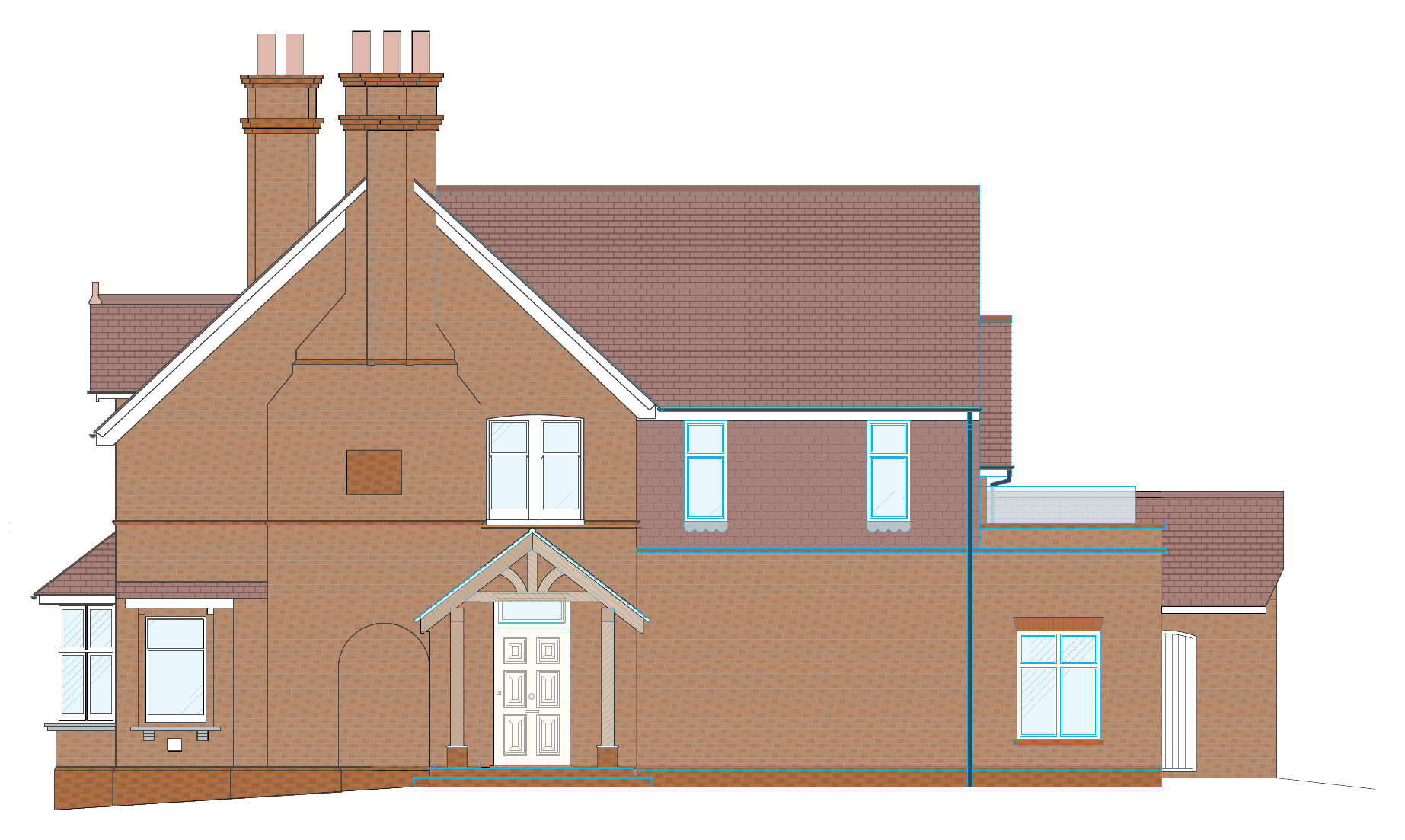 Proposed side elevation with a new traditional timber porch at the entrance.