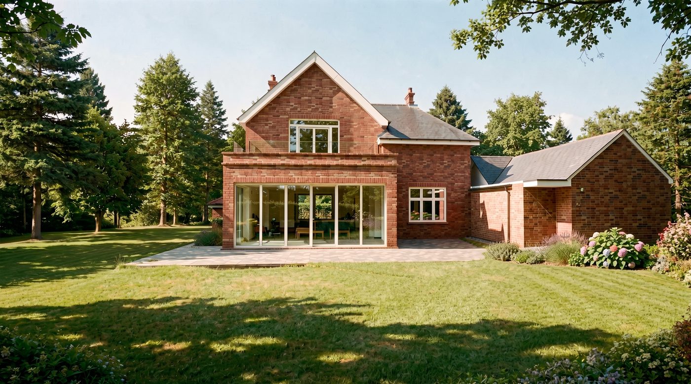 Visualisation of the proposed rear elevation of a red-brick house with a new gable, a glazed balcony and full-height glazing opening onto a lawn.