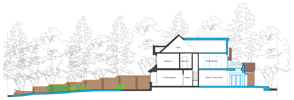 Proposed site section showing the house stepping down a sloping site with mature trees behind.