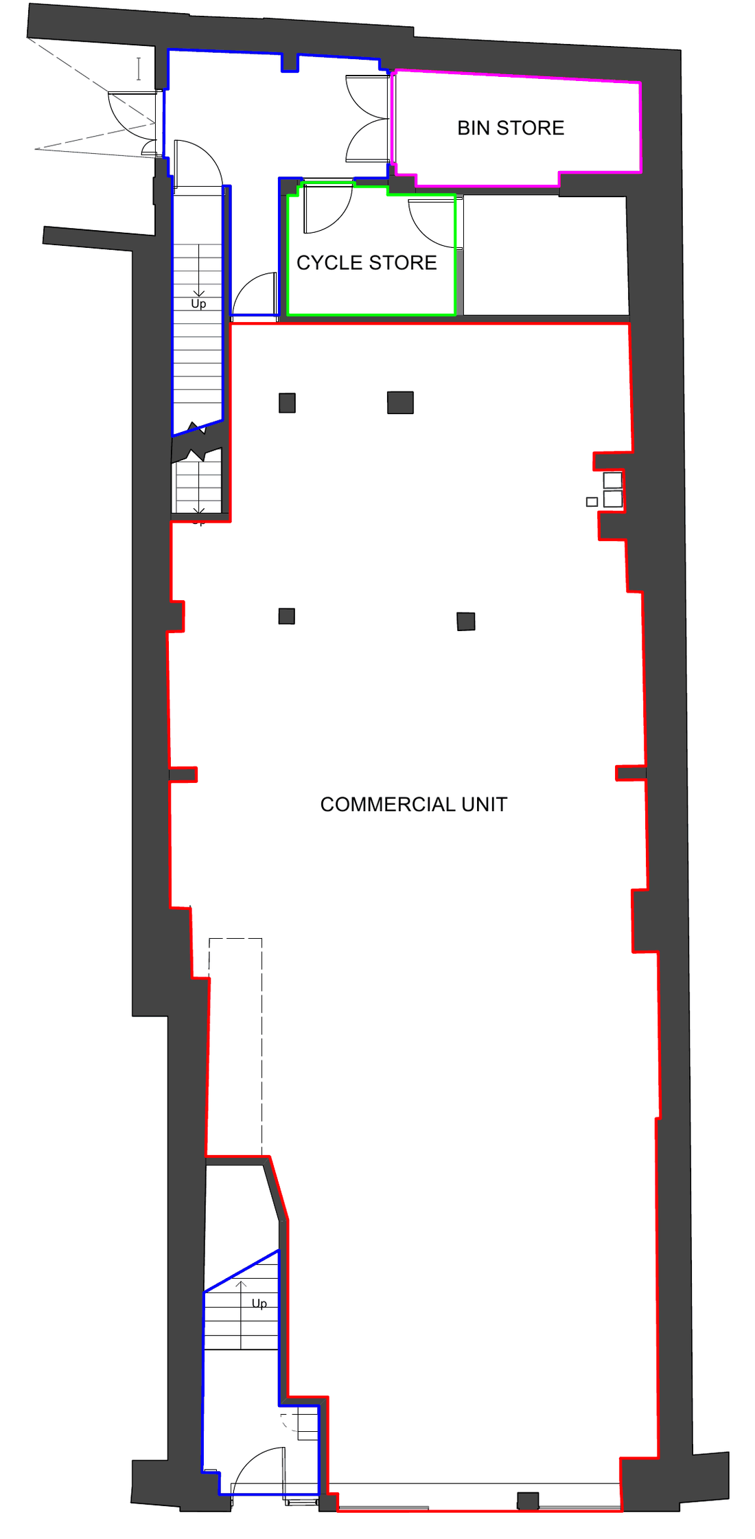 Ground floor lease plan showing the commercial unit, the cycle store and the bin store.