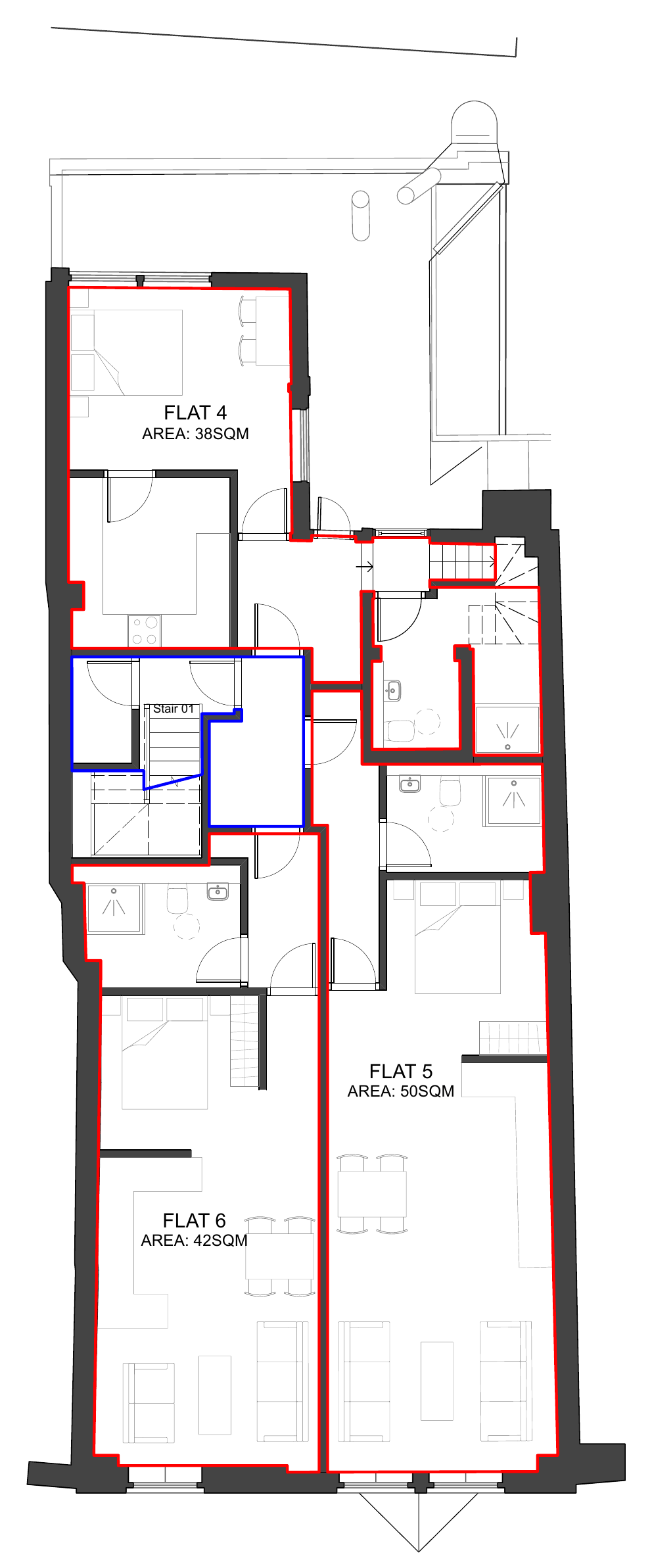 Second floor lease plan showing apartments 4, 5 and 6.