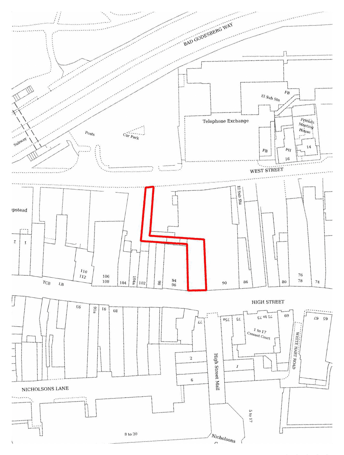 Site location plan: an outlined deep plot running between West Street and the High Street in Maidenhead town centre.